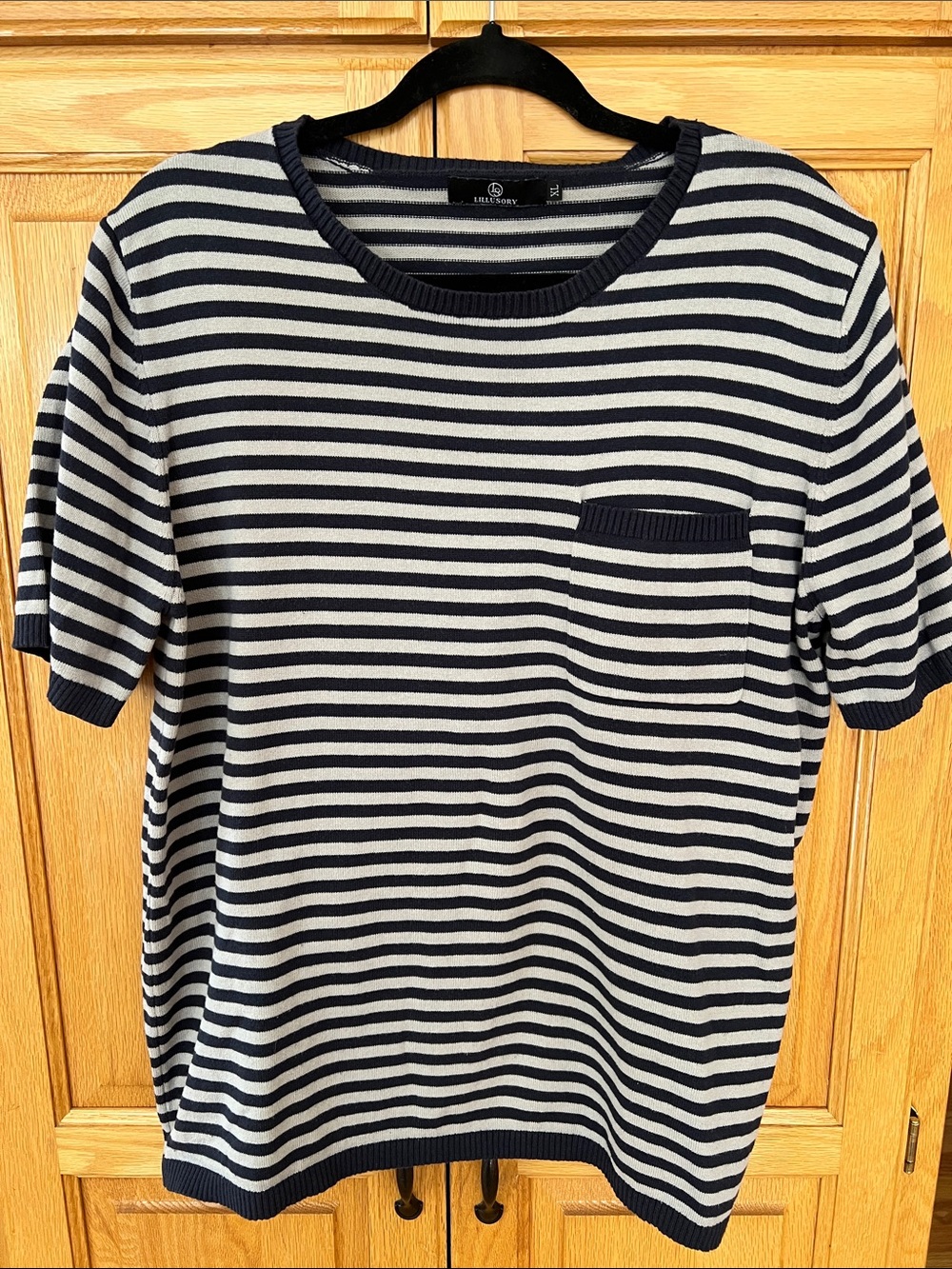 Club Room Navy and White Striped Short Sleeve Crewneck Top